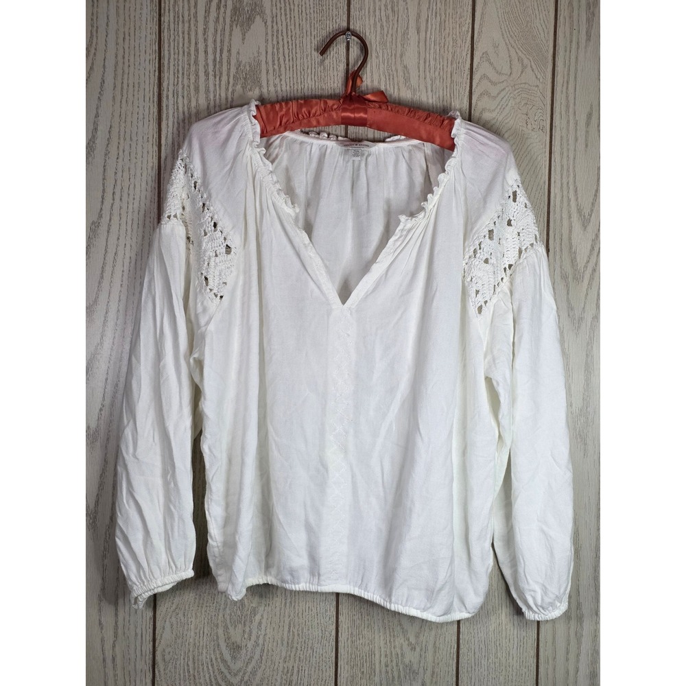 Lucky Brand White Crochet Lace Peasant Blouse Split V-Neck Top 7WP4636 M